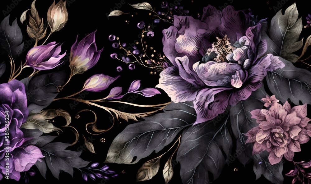  a black and purple floral wallpaper with leaves and flowers on a black background with a gold leaf 