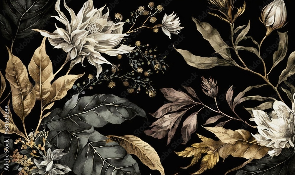  a painting of flowers and leaves on a black background with gold and silver accents on the edges of