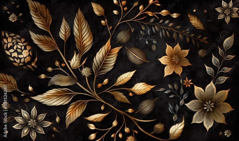  a black background with gold and silver flowers and leaves on a black velvet background with gold a