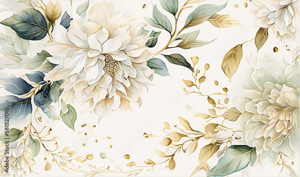  a painting of flowers and leaves on a white background with a gold border around the edges of the p