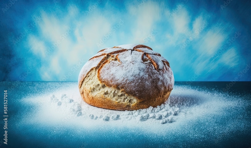  a loaf of bread sitting on top of a table covered in powdered sugar on a blue background with cloud