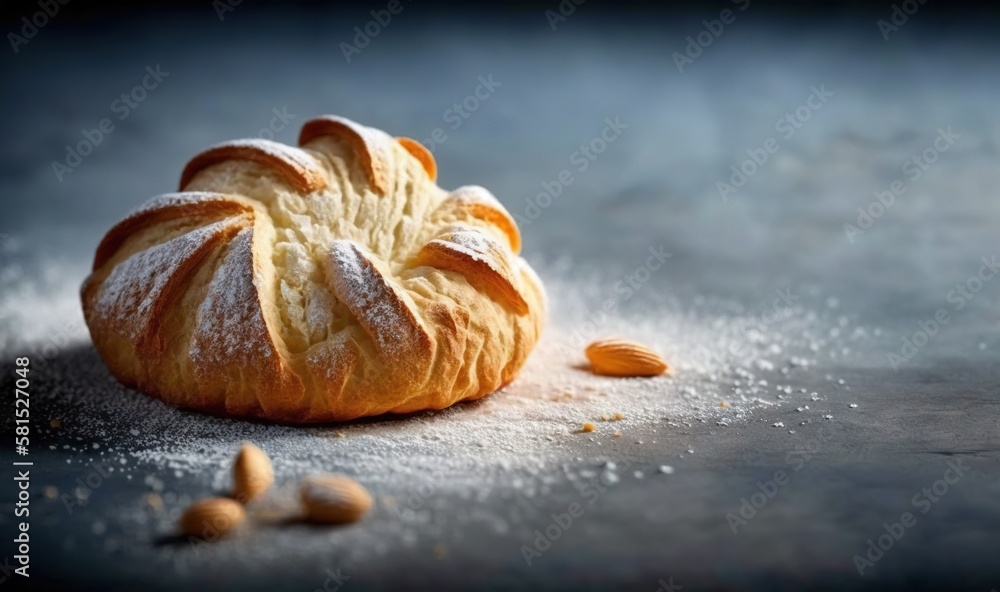  a croissant with almonds on a table with powdered sugar on it and a piece of bread in the middle of