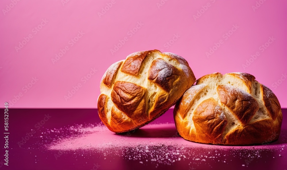  two loaves of bread sitting on a purple surface with sprinkles on the table next to it, on a pink b