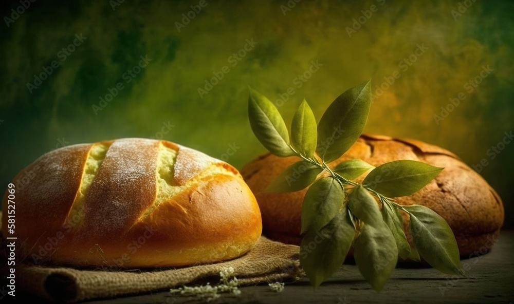  two loaves of bread with a sprig of green leaves on top of them on a cloth on a wooden table with a