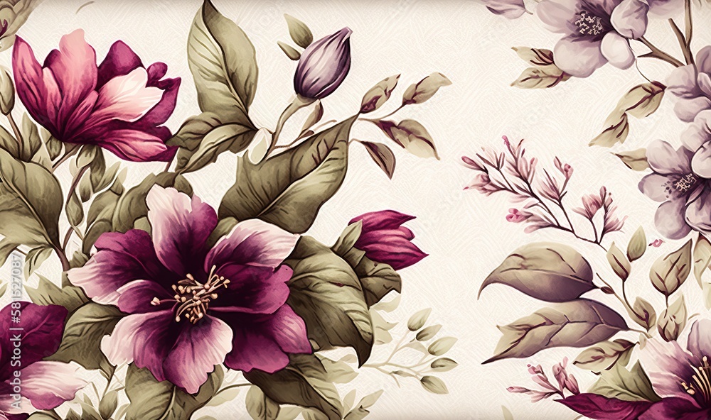  a floral wallpaper with pink and purple flowers on a cream background with green leaves and flowers