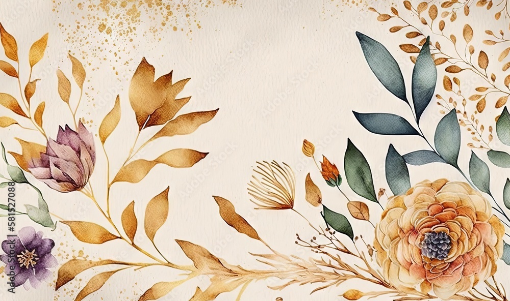  a painting of flowers and leaves painted on a white background with gold flecks and leaves on the b