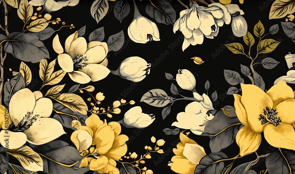  a black and yellow floral wallpaper with white and yellow flowers on a black background with yellow