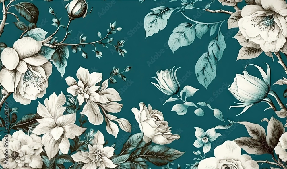  a floral wallpaper with white flowers on a teal background with green leaves and flowers on a teal 