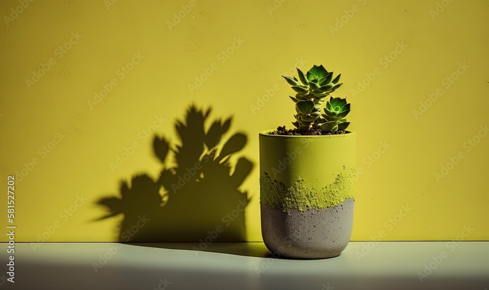  a potted plant with a shadow of a plant on a yellow wall behind it, with a shadow of a plant on the