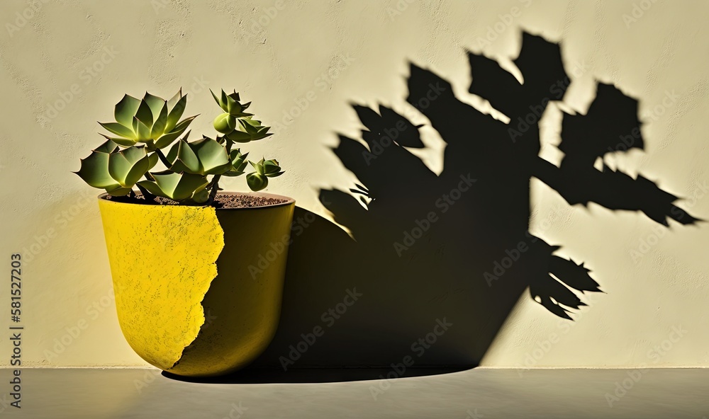  a potted plant casts a shadow on the wall next to a potted plant on a table with a shadow cast on t