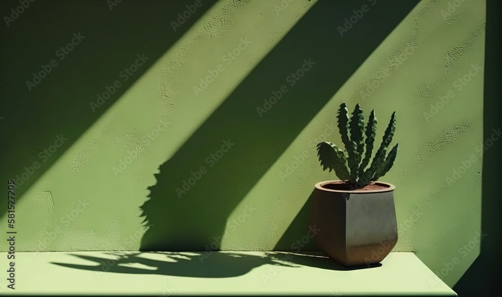  a potted plant sitting on top of a table next to a wall with a shadow of a plant on the side of the