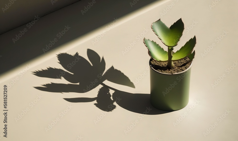  a small potted plant casts a shadow on a white surface with a shadow of a plant on the floor next t