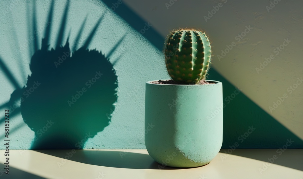  a small cactus in a green pot on a white table with a shadow of a plant on the wall in the backgrou