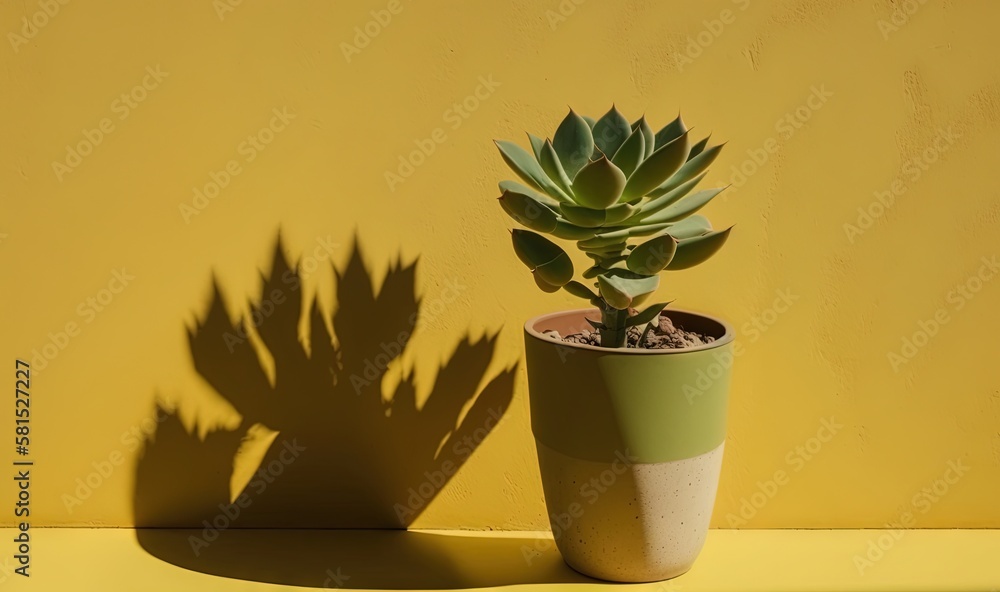  a small potted plant sitting on a yellow surface next to a shadow of a plant on the wall of a build