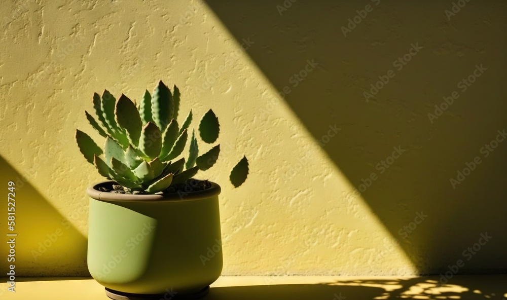  a green potted plant sitting on a yellow table next to a yellow wall with a shadow cast on the wall