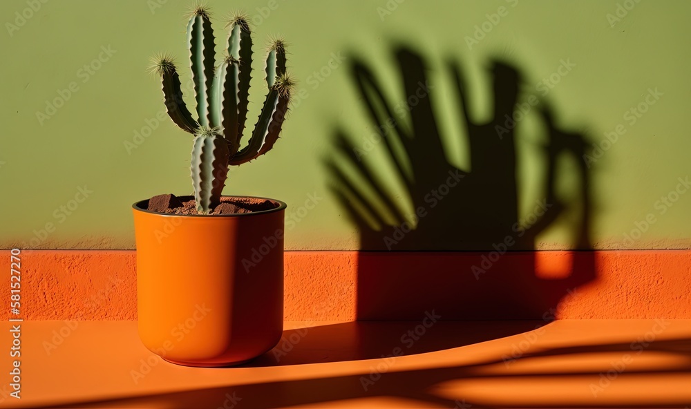  a cactus in a pot casts a shadow on the wall of a room with a green wall and a yellow wall behind i