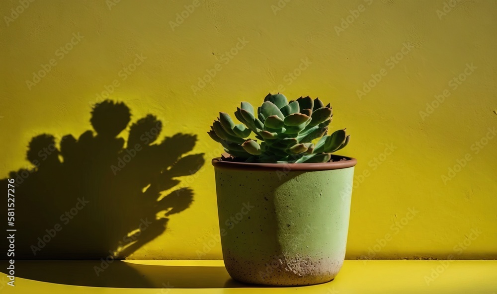  a small green plant in a pot on a yellow table with a shadow of a plant on the wall behind it and a