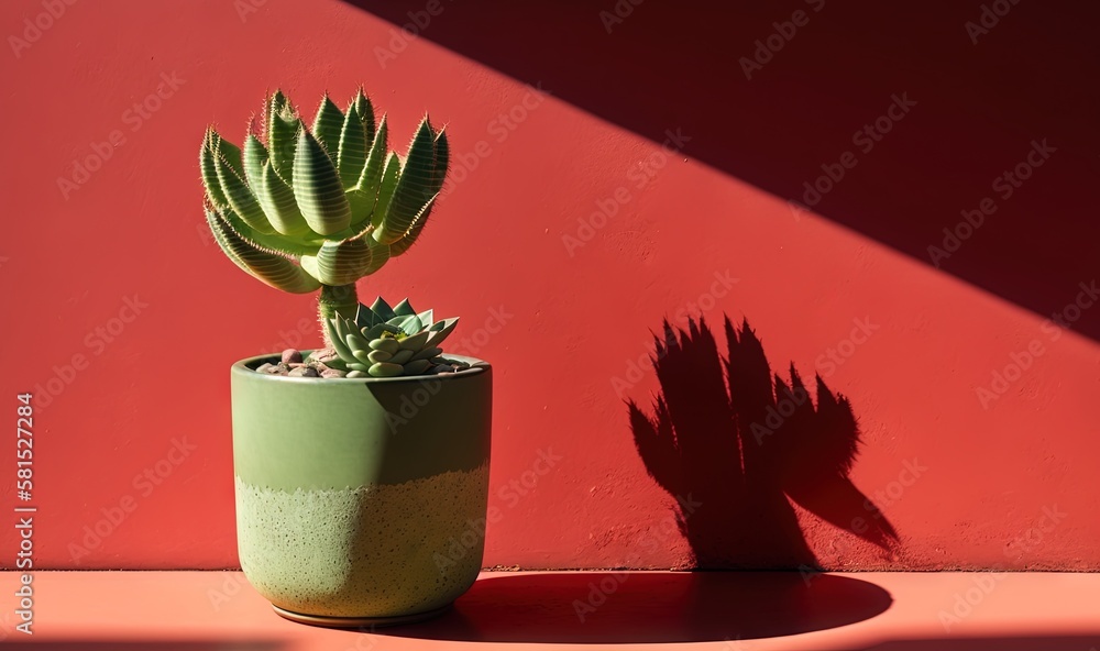  a small cactus in a green pot on a red wall with a shadow of a cactus on the floor next to the pott