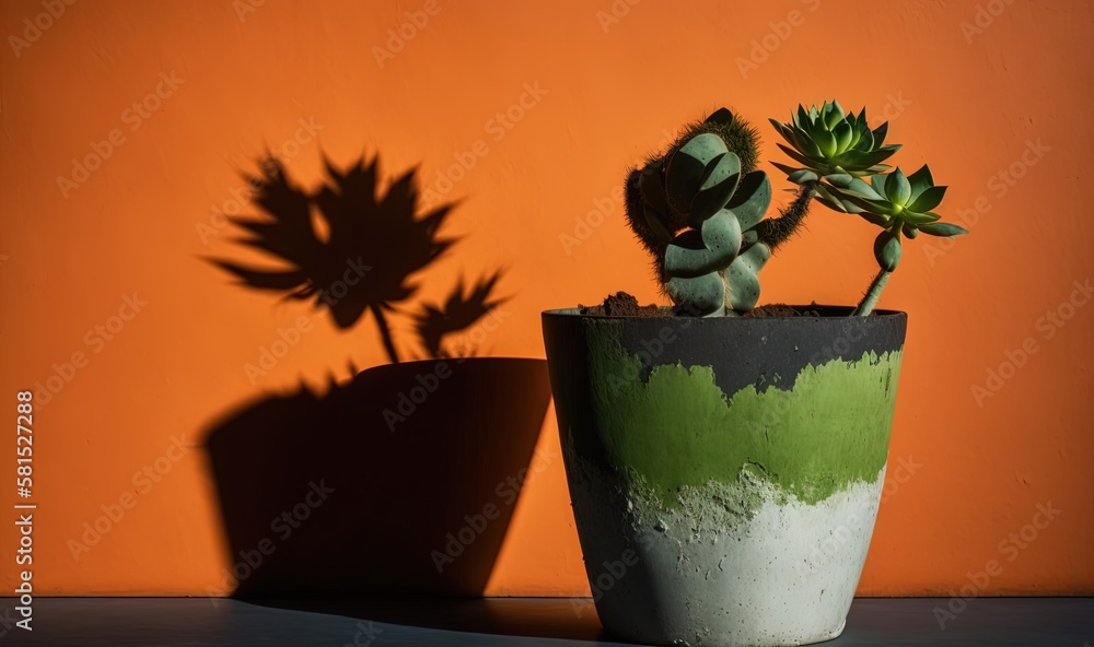  a green and white potted plant sitting next to a wall with a shadow of a plant on its side of the 