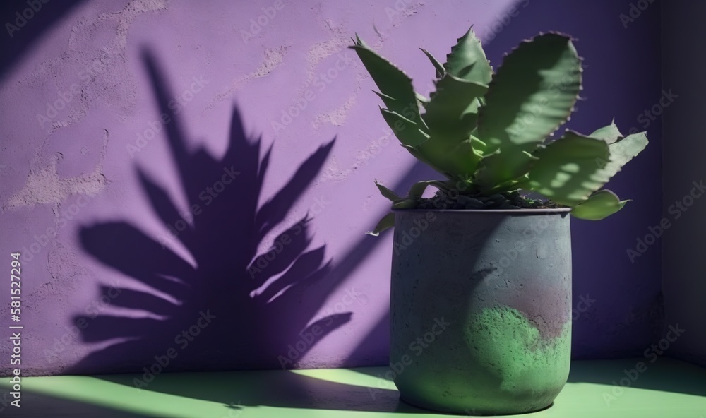  a potted plant sitting on a table next to a purple wall with a shadow of a plant on the wall and a 