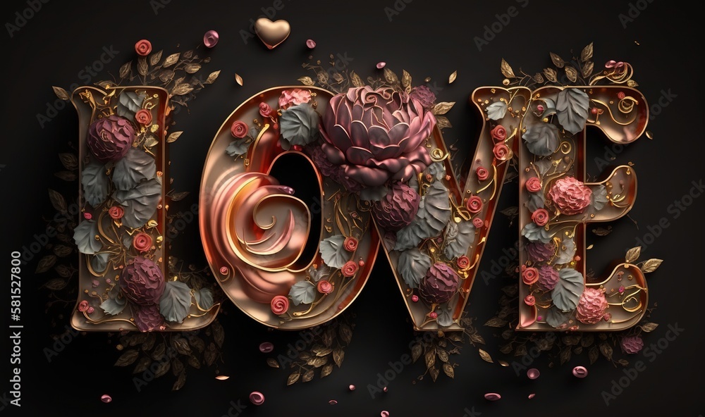  the word love is made up of flowers and leaves, with a heart in the middle of the letters, and a ro