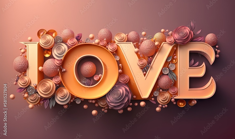  the word love is made up of flowers and petals on a purple background with a pink background and a 