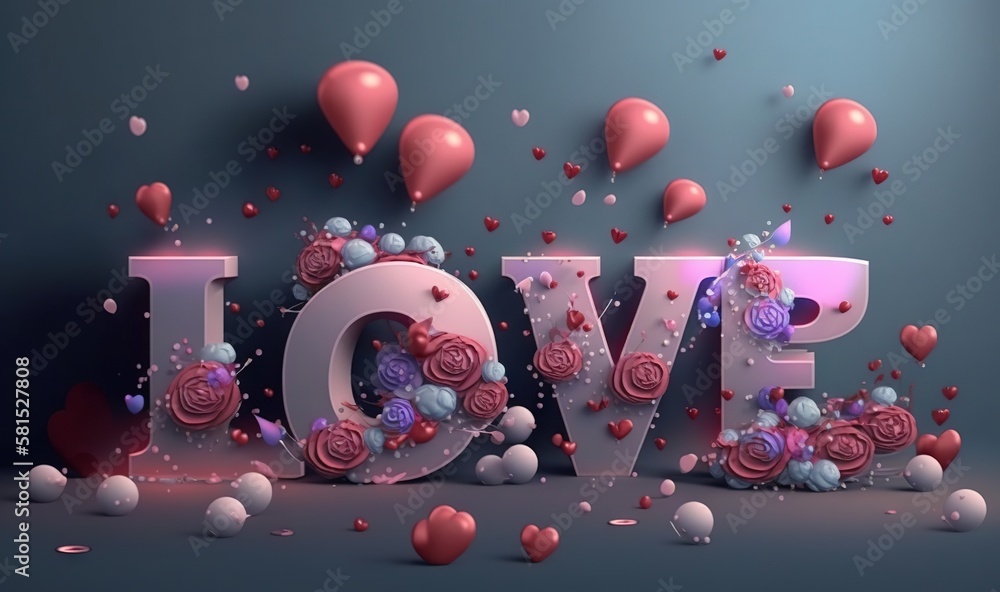  the word love surrounded by balloons and hearts on a blue background with pink and red flowers and 