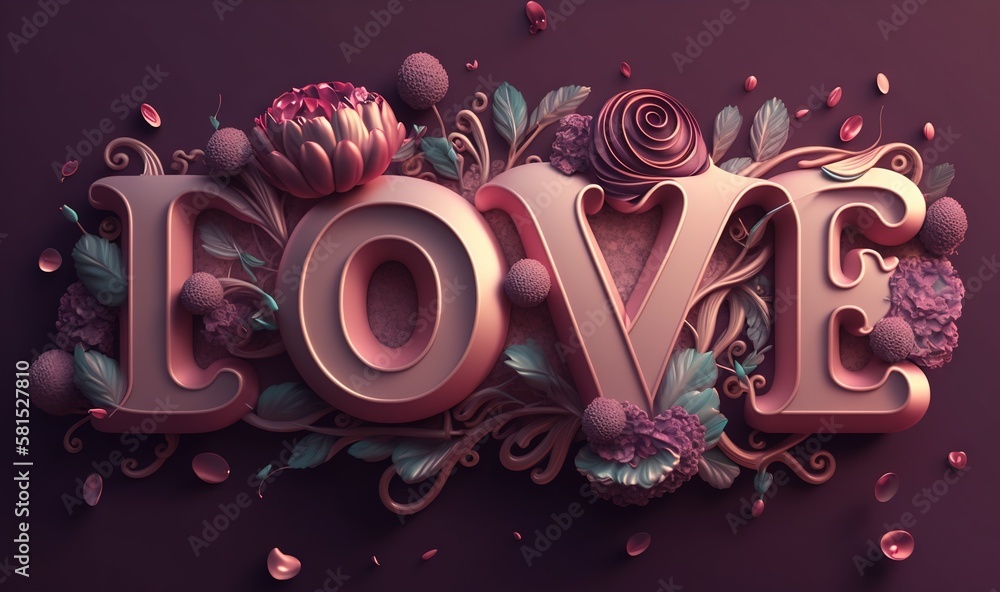  the word love is surrounded by flowers and leaves on a purple background with pink petals and leave