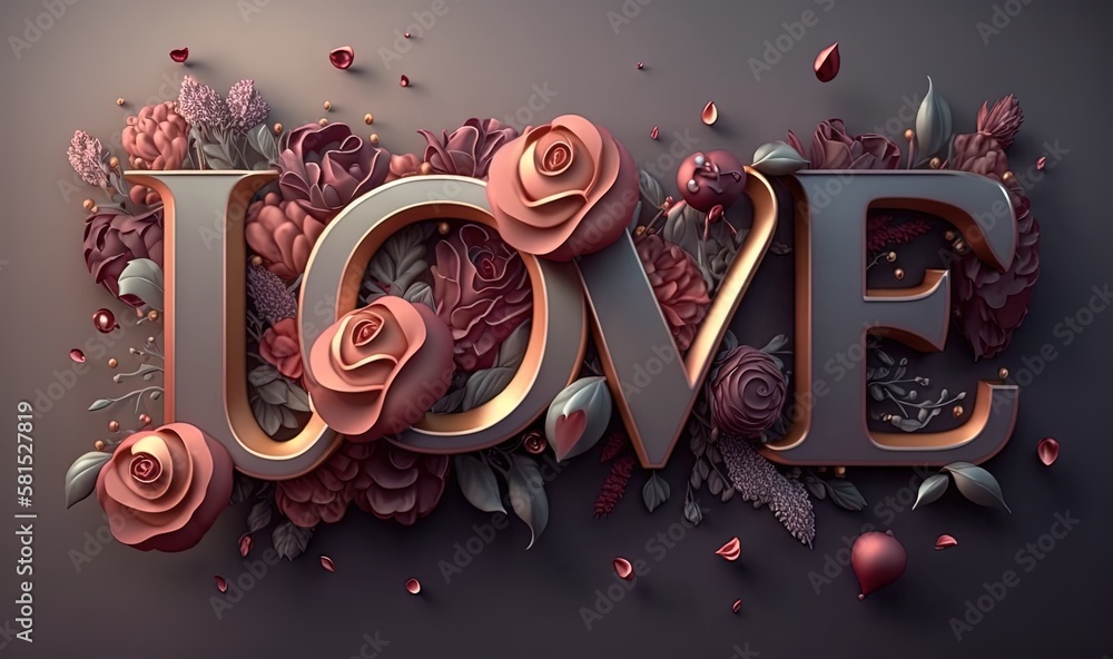  the word love made out of flowers and leaves on a dark background with a pink rose in the middle of