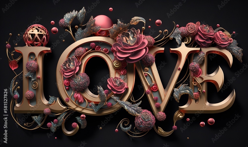  the word love is made up of flowers and leaves on a black background with pink and gold accents and