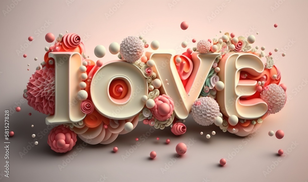  the word love is made up of flowers and bubbles on a gray background with pink and white balls and 