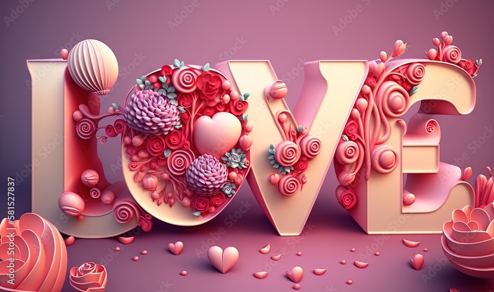  the word love is made up of pink flowers, hearts, and other decorations on a purple background with