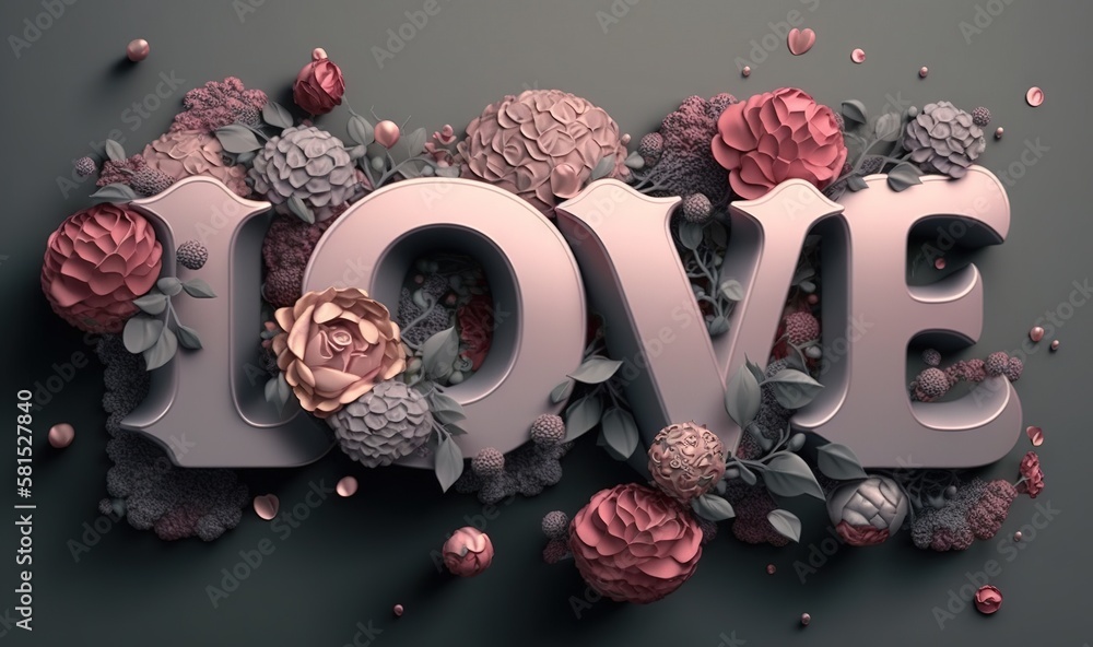  the word love is surrounded by flowers and leaves on a gray background with pink and red flowers an