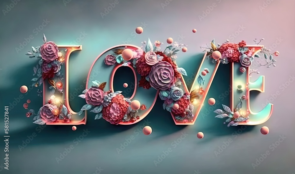  the word love is made up of flowers and leaves on a blue background with pink and red balls around 