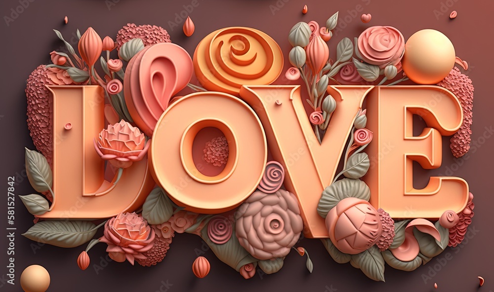  the word love is made up of flowers and leaves on a brown background with a pink rose and yellow ro