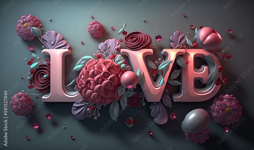  the word love is surrounded by flowers and eggs on a dark background with confetti and leaves on th