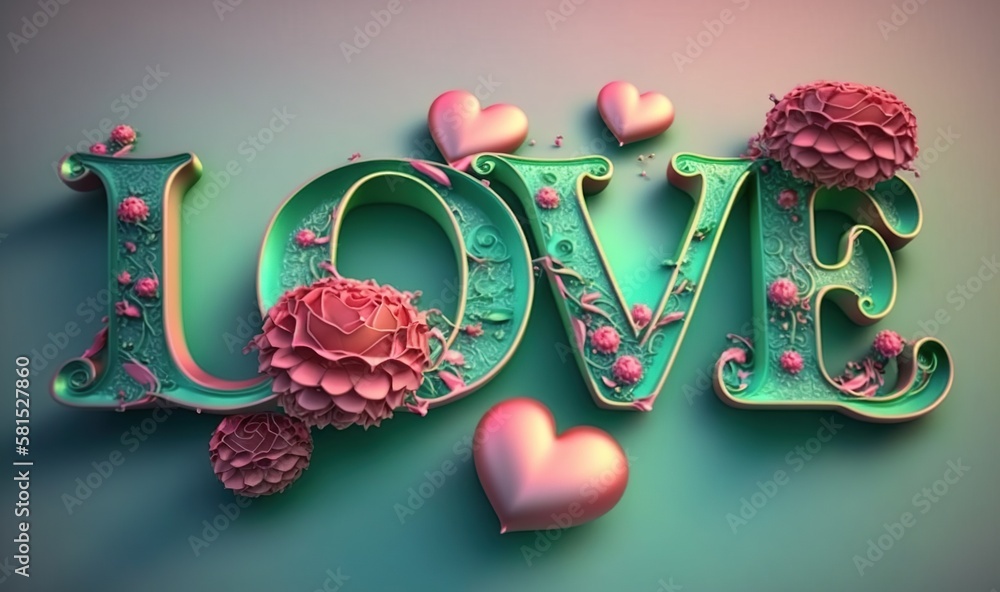  the word love is made up of pink flowers and green letters with hearts on a blue background with a 