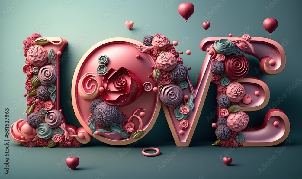  the word love is made up of flowers and hearts on a blue background with pink and red balloons floa