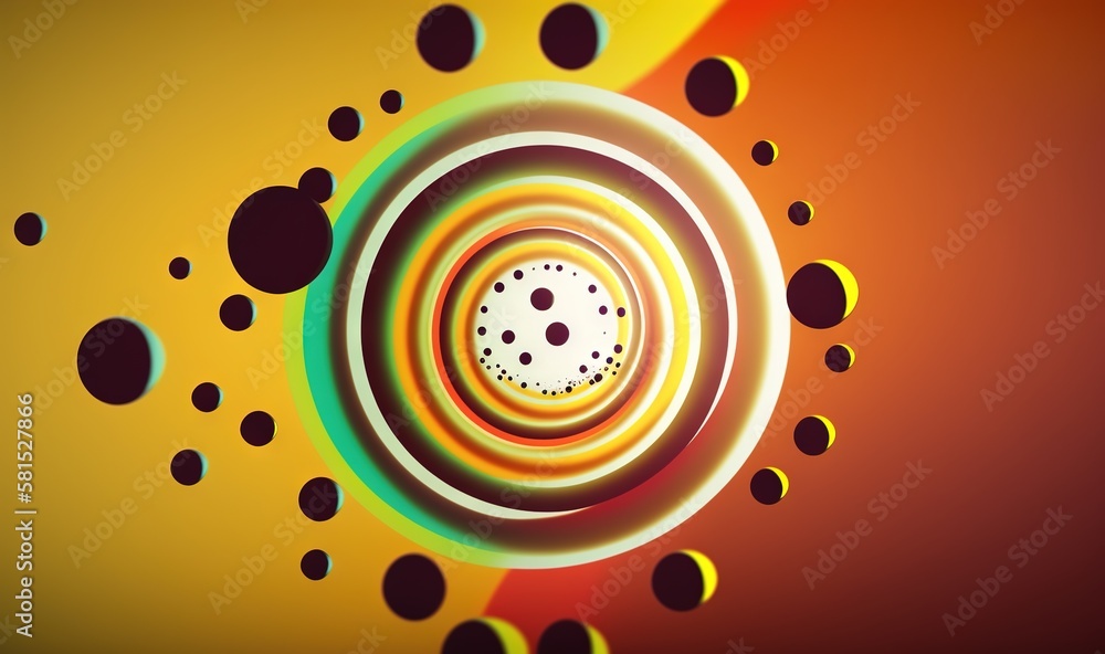  an abstract image of a circular object with circles and dots on a yellow background with a red and 