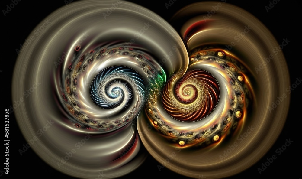  a computer generated image of two spirals in brown and yellow colors on a black background with a g