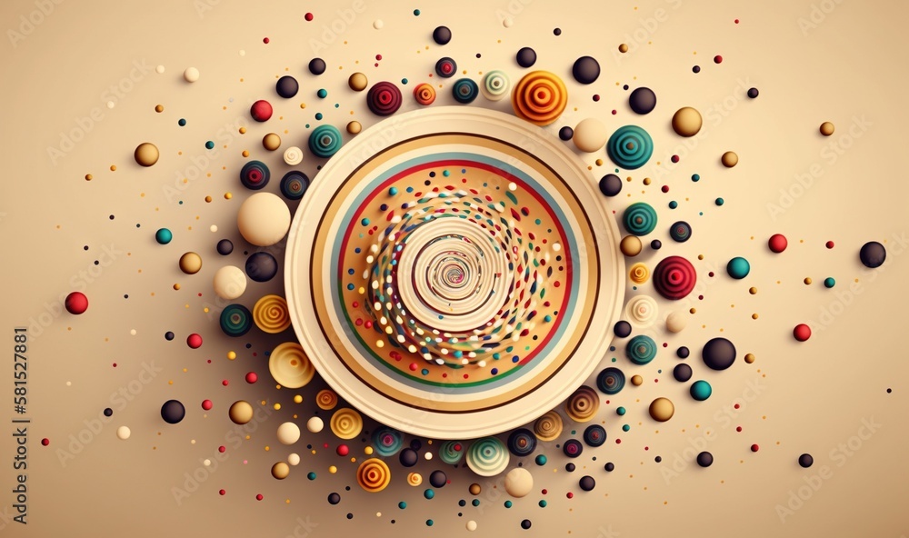  a bowl with a lot of colorful balls around it on a beige background with a pattern of circles and d