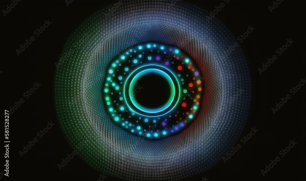  a circular object with lights in the middle of it on a black background with a circular pattern in 