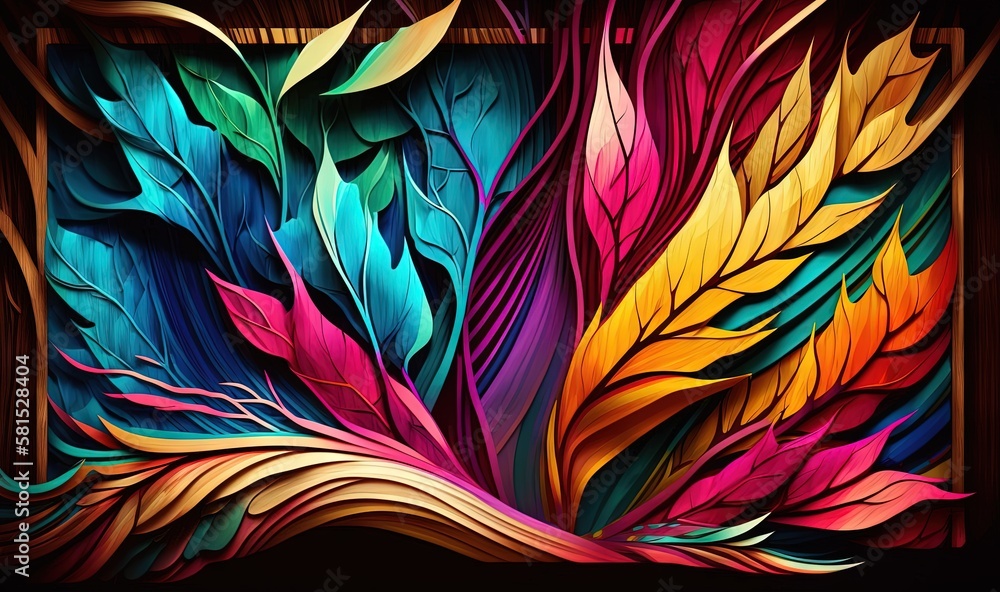  a colorful painting of leaves on a black background with a wooden frame in the middle of the image 