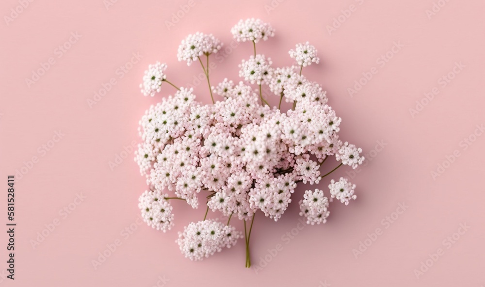  a bouquet of white flowers on a pink background with copy - space for text or a logo or image top v