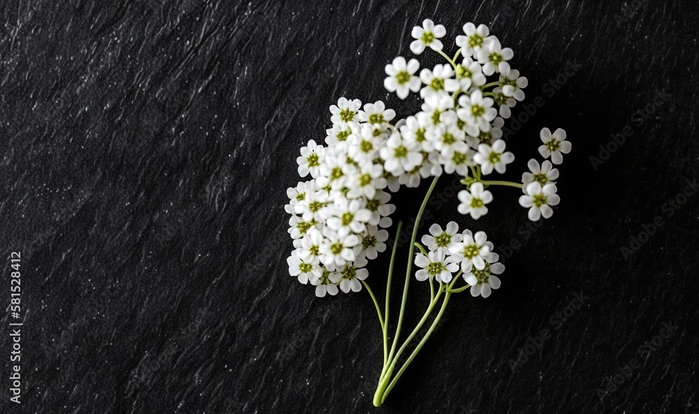  a bunch of white flowers sitting on top of a black table top next to a black wall with a white flow