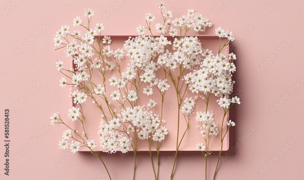  a pink square frame with white flowers on a pink background with a pink wall in the background and 