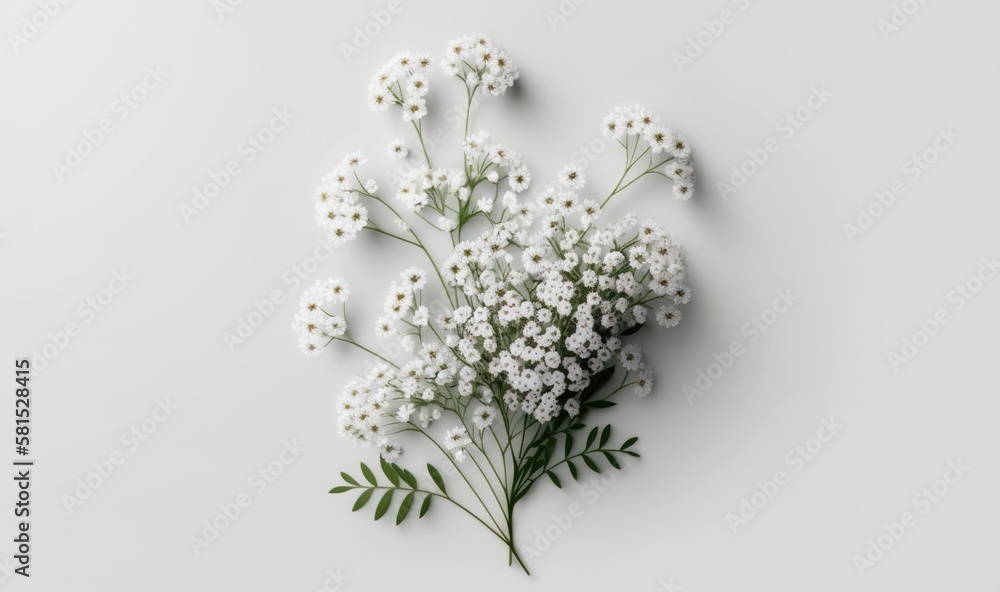  a bunch of white flowers on a white background with a green leafy branch on top of the flower, top 