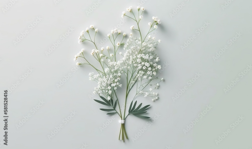  a bunch of white flowers on a white background with a green stem and leaves on the stem, with a whi