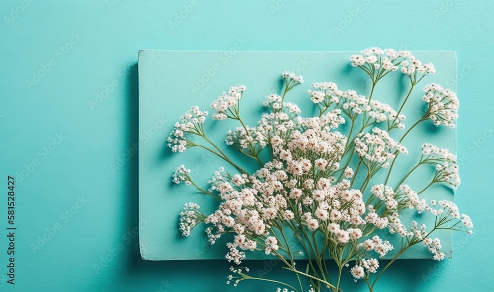  a bouquet of flowers sitting on top of a blue surface next to a blue square frame on the wall of a 