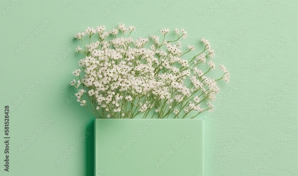  a green vase filled with white flowers on top of a green tablecloth covered table top next to a gre